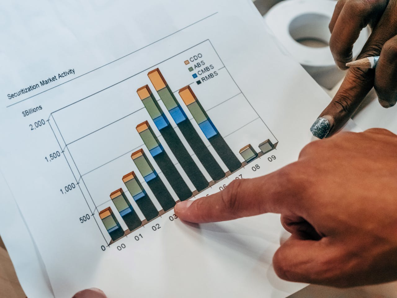 home-services-01 Close-up of hands pointing at a financial market activity chart, analyzing trends in securitization.